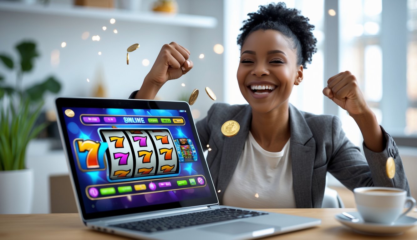 Seseorang yang terlihat senang sedang merayakan kemenangan besar saat bermain game slot online di laptop di dalam ruangan yang rapi dan terang.