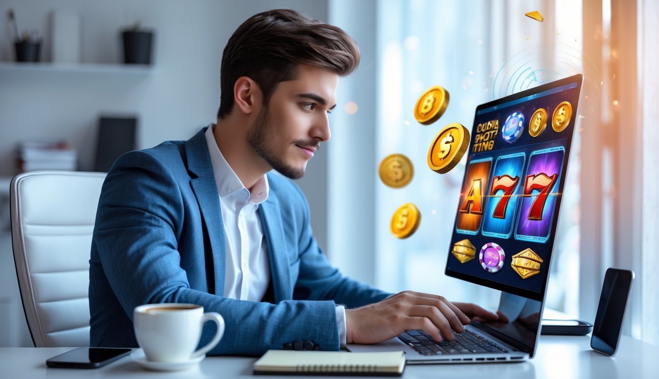 Seorang pria muda duduk di meja modern sambil fokus melihat layar laptop yang menampilkan grafik permainan slot online.