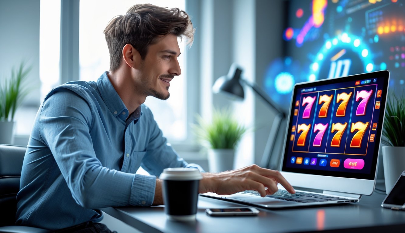Seorang pria muda duduk di depan laptop dengan tampilan permainan slot online di layar dalam suasana kantor rumah yang modern.