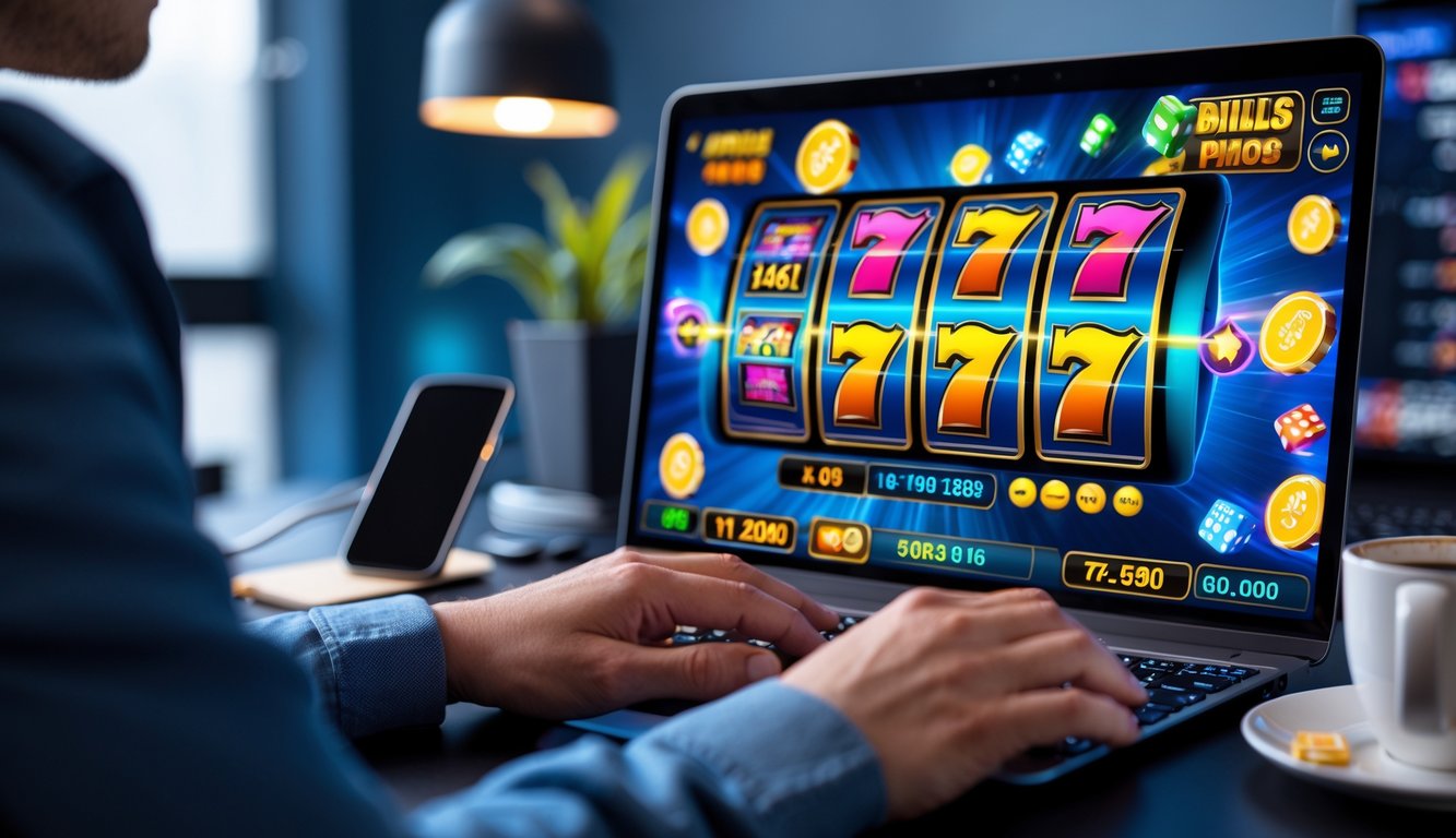 Seseorang bermain permainan slot online di komputer di ruang kerja yang rapi dan terang.