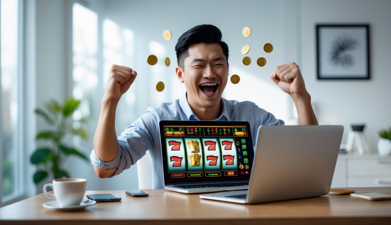 Seorang pria muda Asia Tenggara duduk di depan laptop dengan ekspresi bahagia dan percaya diri, merayakan kemenangan dalam permainan slot online di ruang kerja modern.