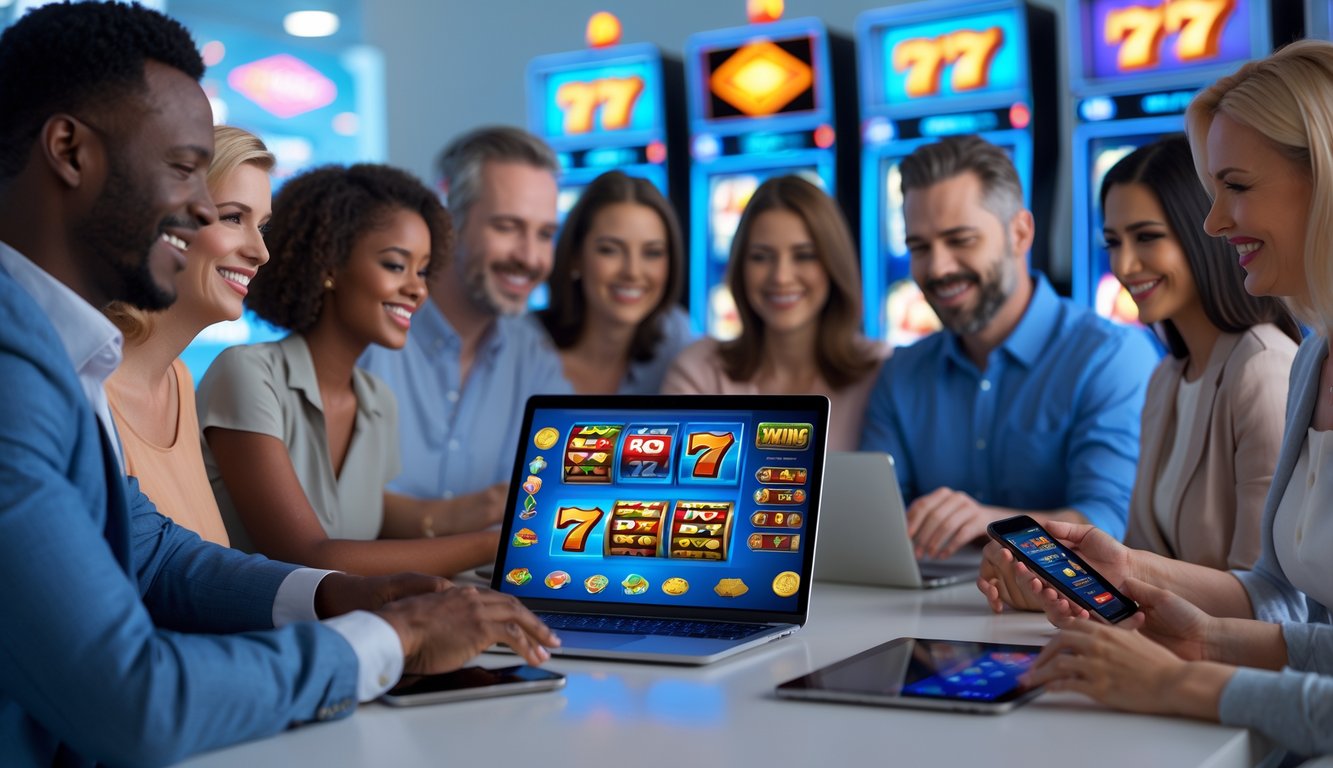 Orang-orang tersenyum menggunakan perangkat digital dengan tampilan permainan slot online di layar.