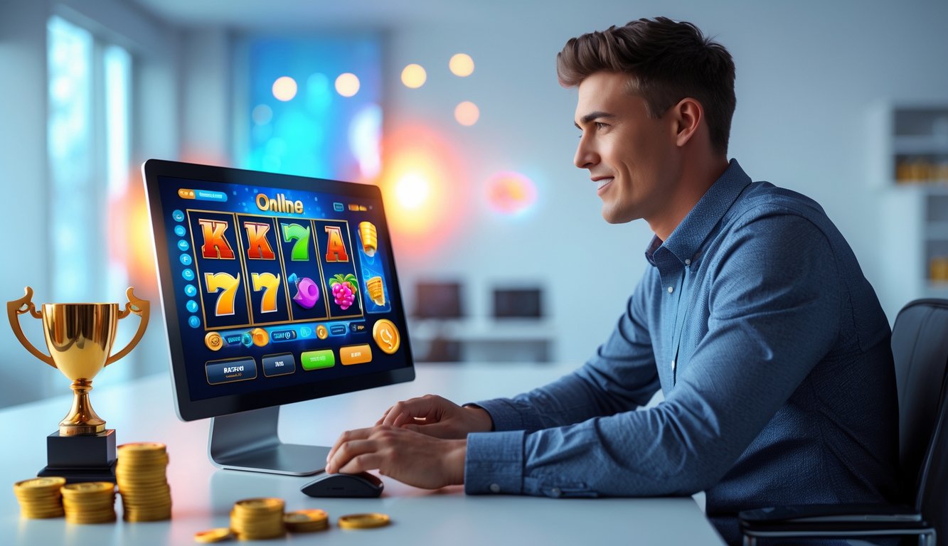 Seorang pria muda duduk di depan laptop dengan tampilan permainan slot online di layar, di meja terdapat tumpukan koin dan piala kecil.