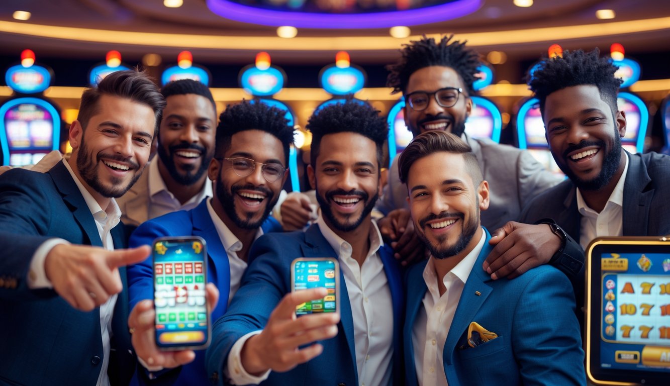 Sekelompok pria sedang merayakan kemenangan bersama di kasino modern dengan mesin slot dan lampu warna-warni di latar belakang.