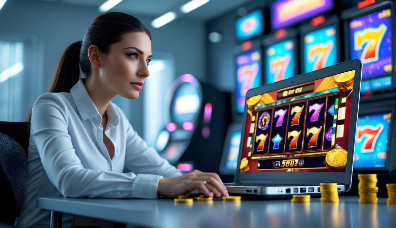Seorang wanita muda duduk di depan laptop dengan latar belakang mesin slot dan koin digital, terlihat fokus dan percaya diri.