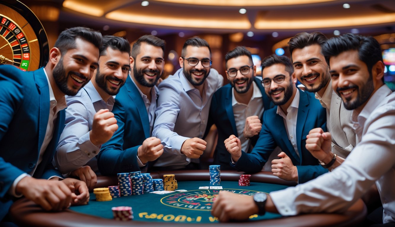 Sekelompok pria sedang merayakan kemenangan di meja poker di kasino dengan suasana yang ceria dan penuh semangat.