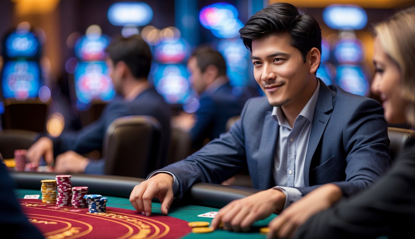 Seorang pria muda duduk di meja kasino bermain poker dengan tumpukan chip dan kartu di depannya.