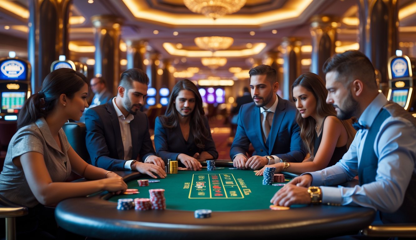 Sekelompok orang bermain poker di meja kasino dengan suasana mewah dan pencahayaan hangat.