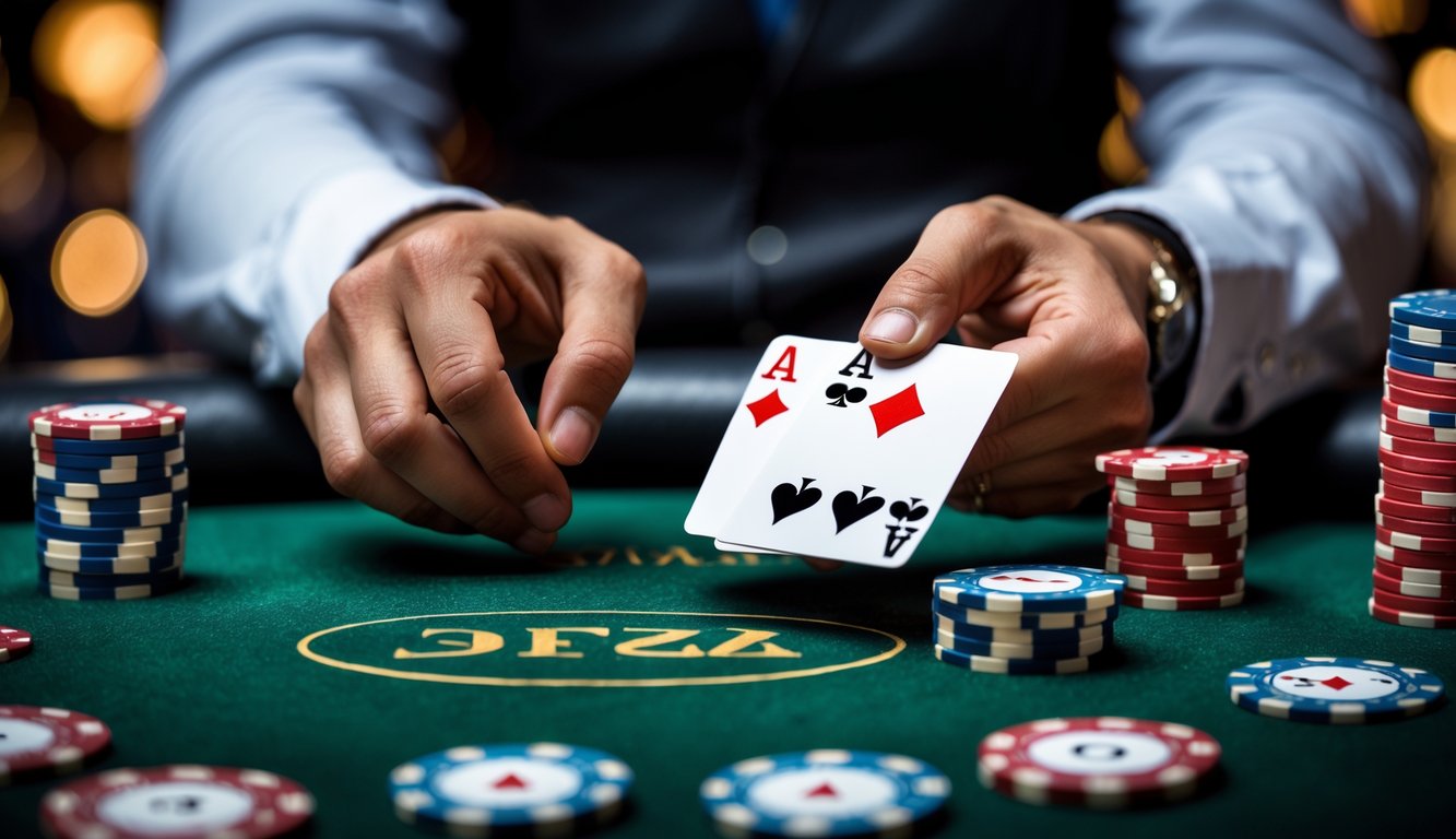 Meja poker dengan tangan pemain memegang kartu menang dan tumpukan chip di kasino mewah.