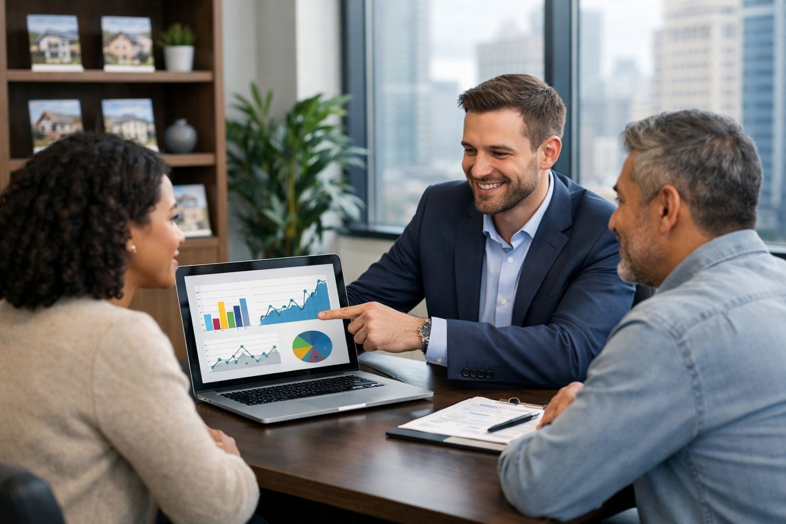 A real estate agent discussing market trends with a couple in a modern office setting.