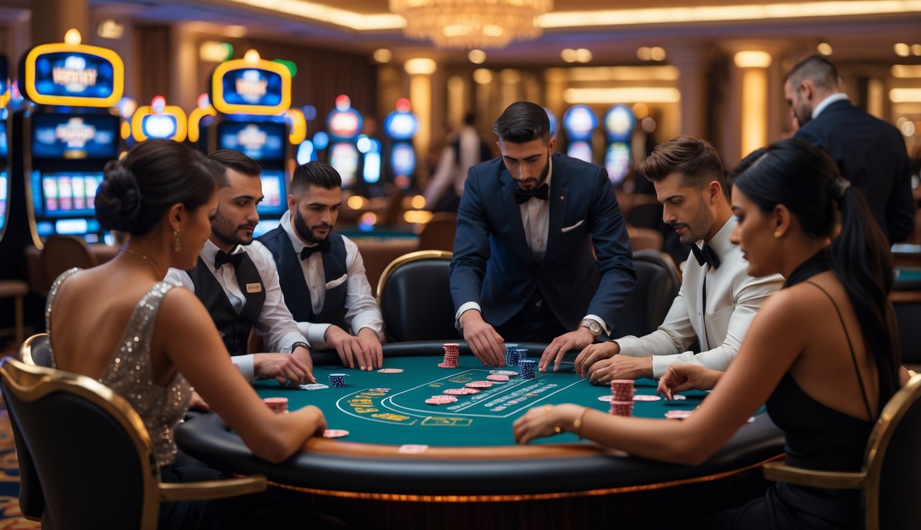 Meja poker di kasino dengan pemain yang sedang bermain kartu dan tumpukan chip di atas meja.