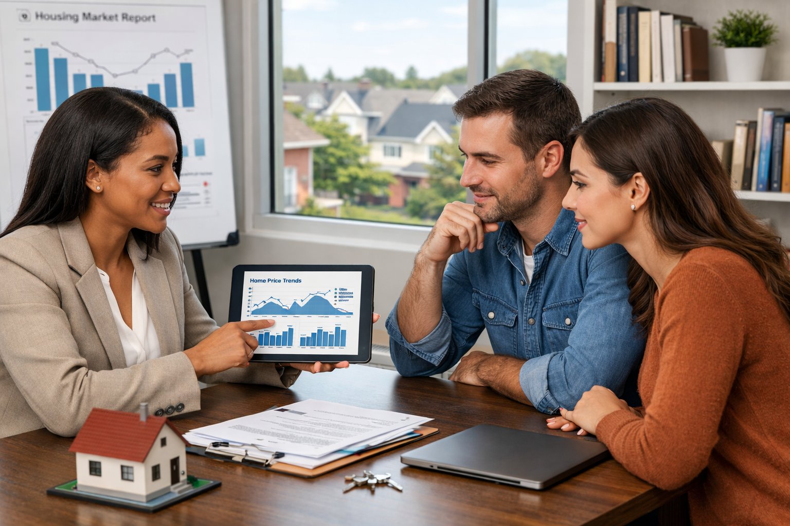 A real estate agent discussing property details with a couple in a bright office overlooking a neighborhood.