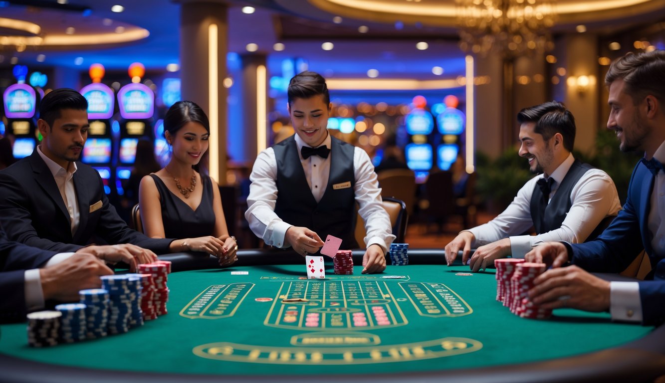 Meja poker di kasino dengan dealer dan pemain yang sedang bermain kartu, suasana kasino yang ramai dan profesional.