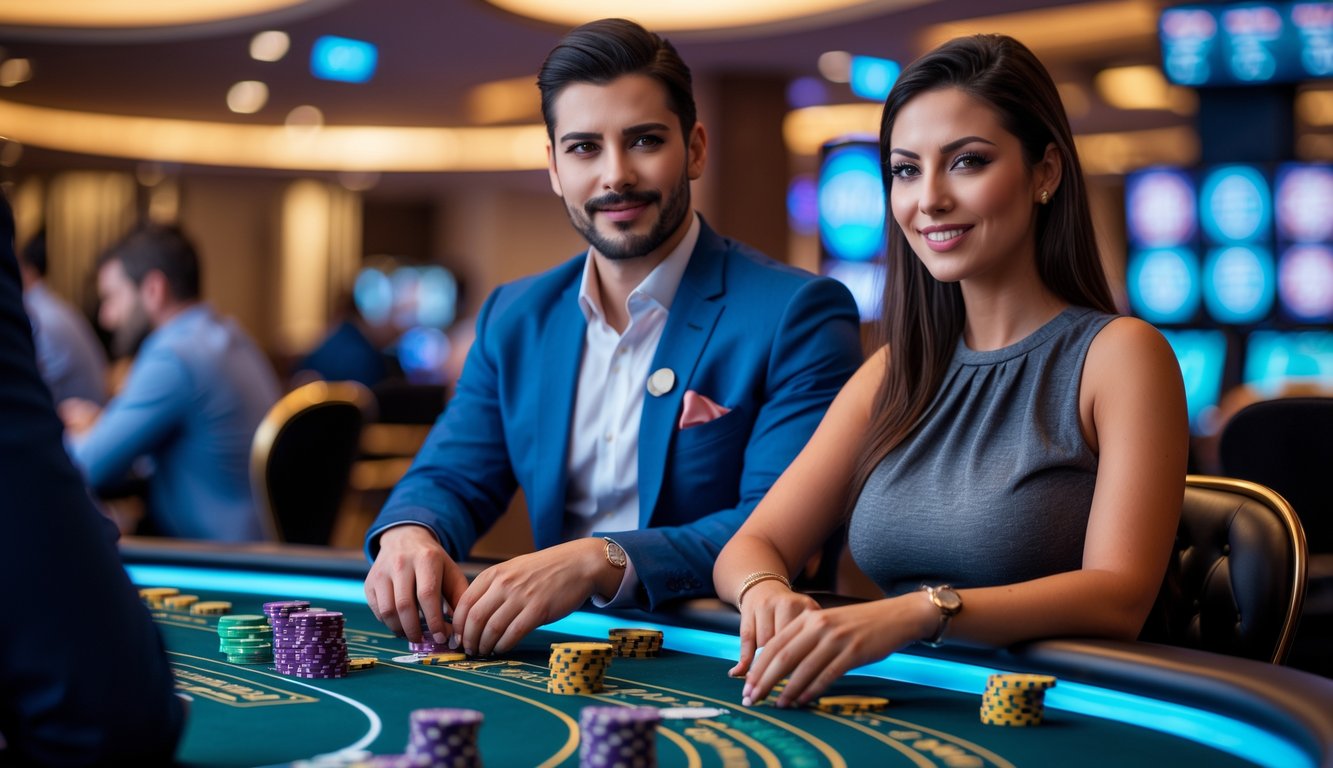 Seorang pria dan wanita duduk di meja poker kasino dengan ekspresi fokus, dikelilingi oleh chip dan kartu bermain.