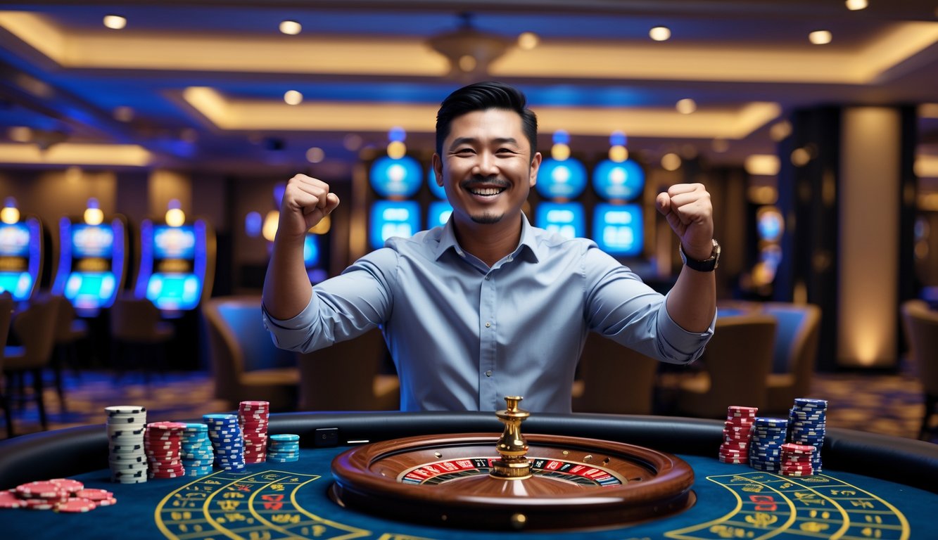 Seorang pria Asia Tenggara yang percaya diri merayakan kemenangan judi di meja kasino dengan chip poker dan kartu remi.