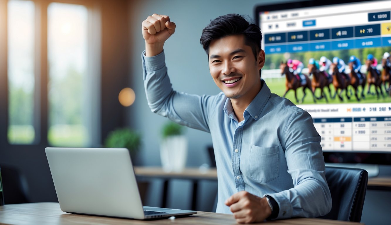 Seorang pria muda tersenyum dan merayakan kemenangan di depan laptop dengan latar belakang gambar pacuan kuda.