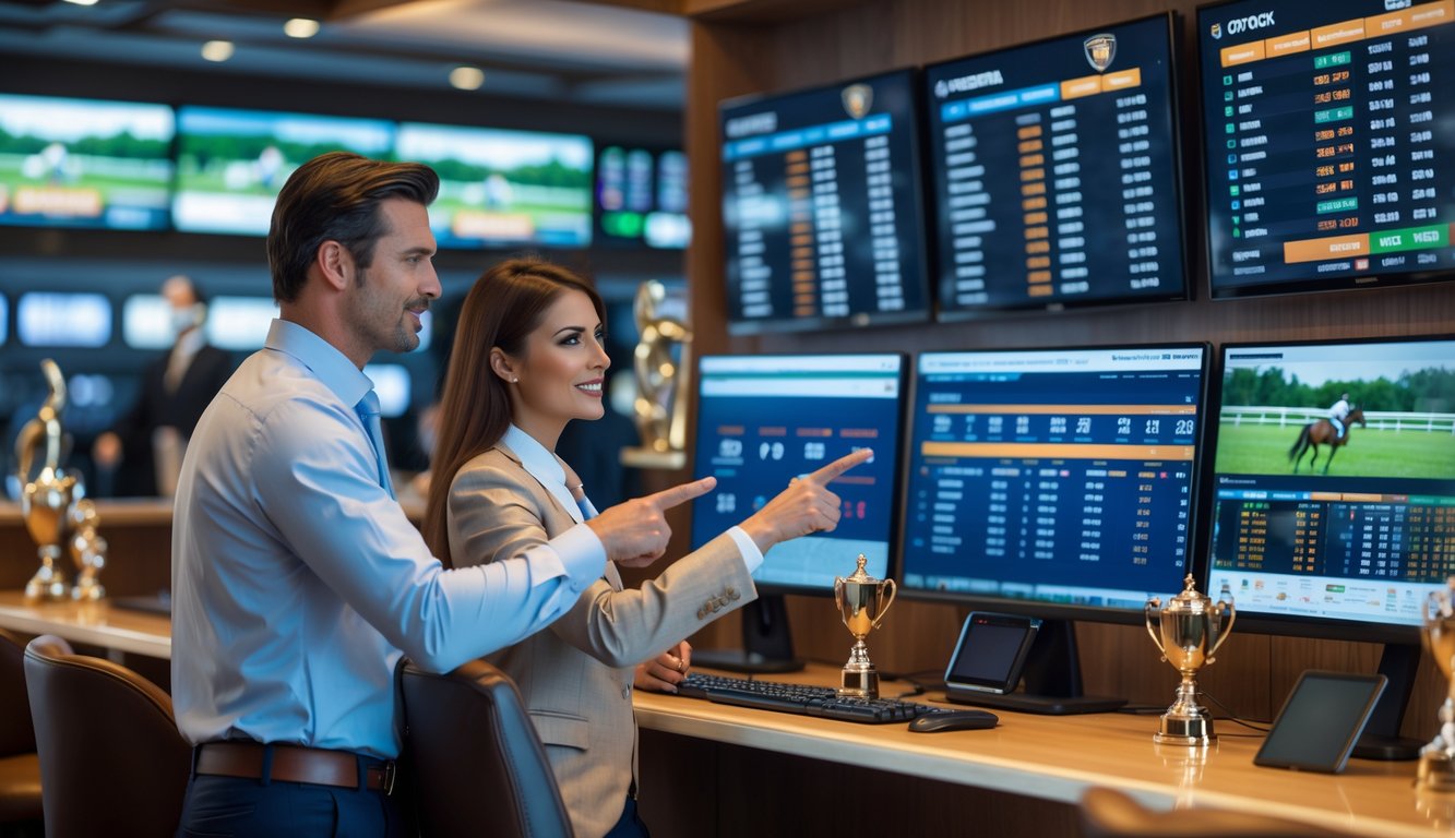 Seorang pria dan wanita sedang berdiskusi dan melihat layar komputer dengan data pacuan kuda di sebuah ruangan taruhan modern.
