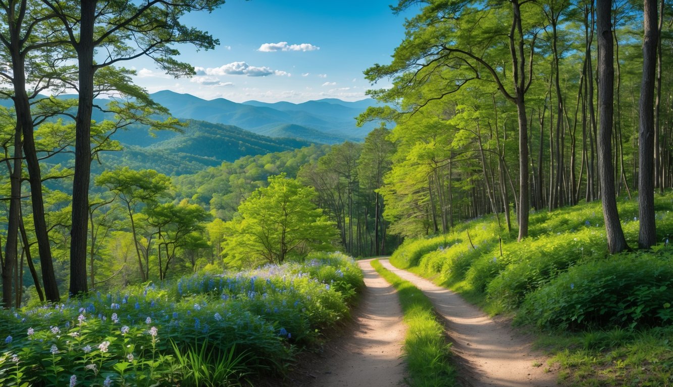 A winding hiking trail surrounded by green trees and wildflowers in Pisgah National Forest with hills and mountains in the background under a clear sky.