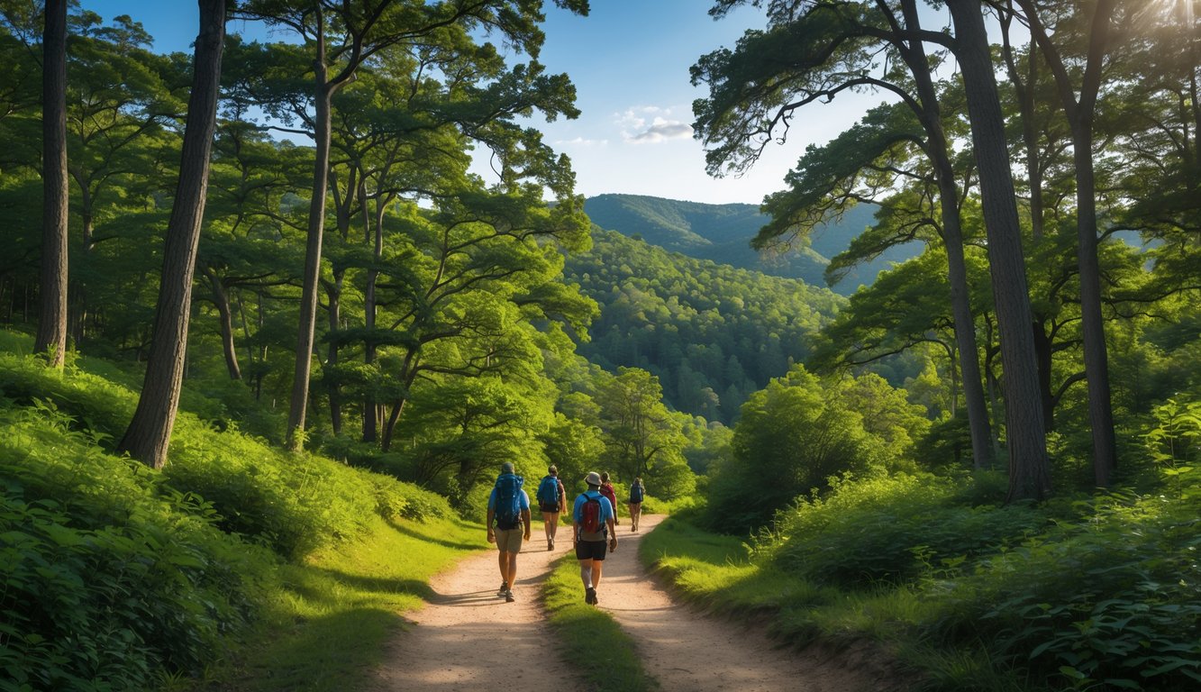 A dirt hiking trail winding through a dense green forest with tall trees and sunlight filtering through the leaves, with hikers walking along the path.