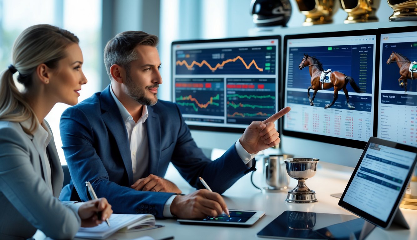 Seorang pria dan wanita sedang menganalisis strategi pacuan kuda menggunakan layar digital di kantor modern.