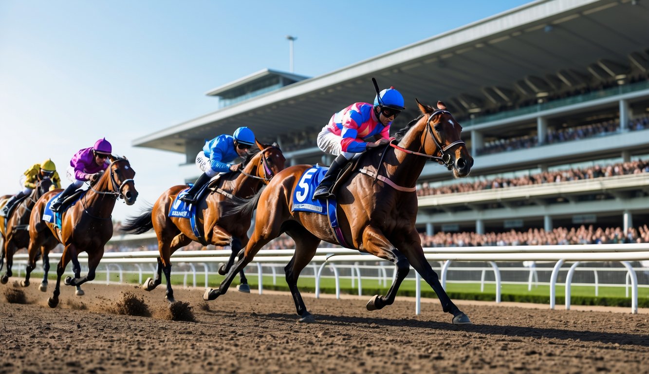 Beberapa kuda pacuan dengan joki berwarna-warni sedang berlari cepat di lintasan pacuan kuda dengan penonton di tribun.