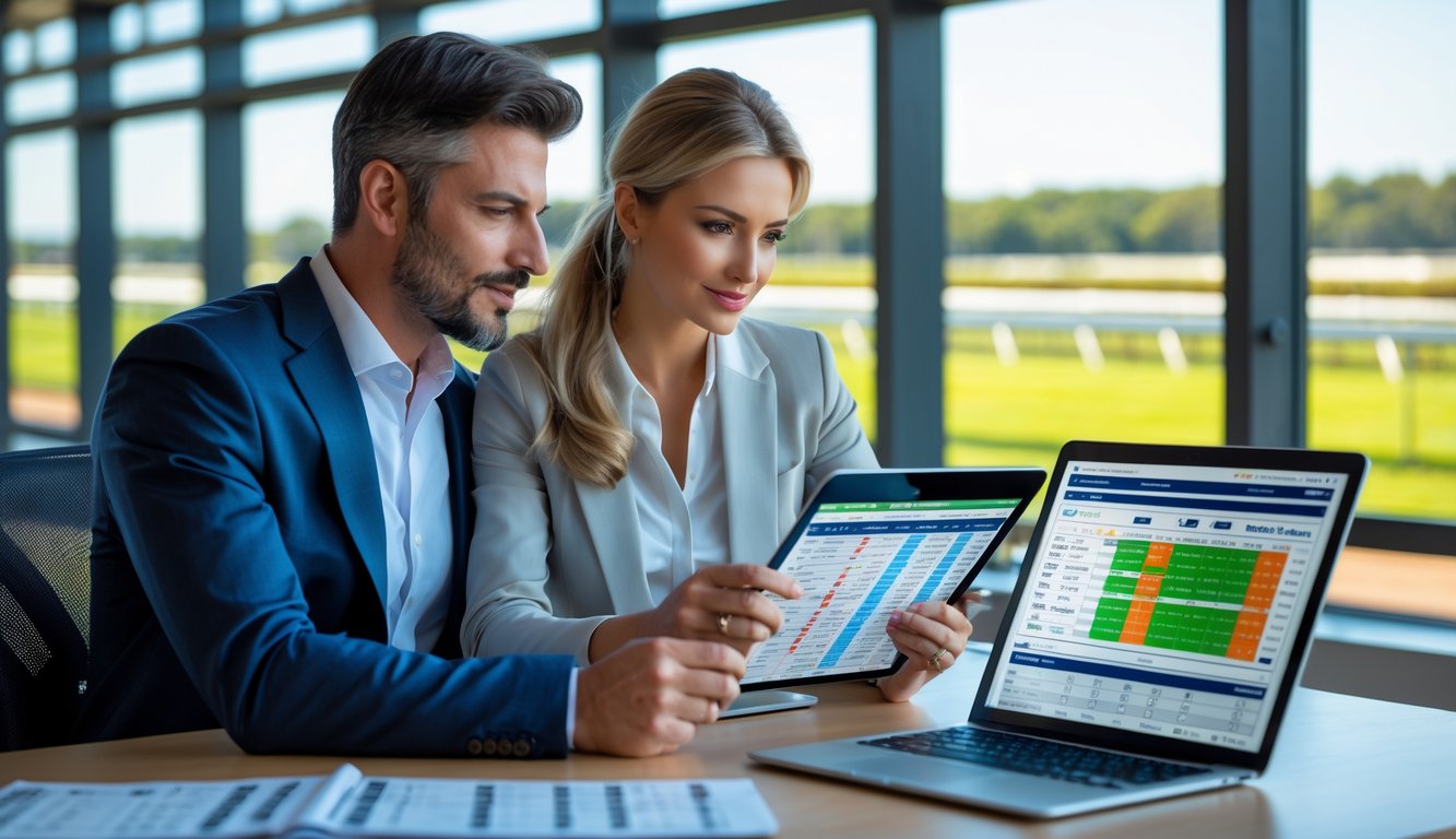 Dua orang sedang menganalisis data balap kuda menggunakan tablet dan laptop di kantor dengan pemandangan lintasan pacuan kuda.