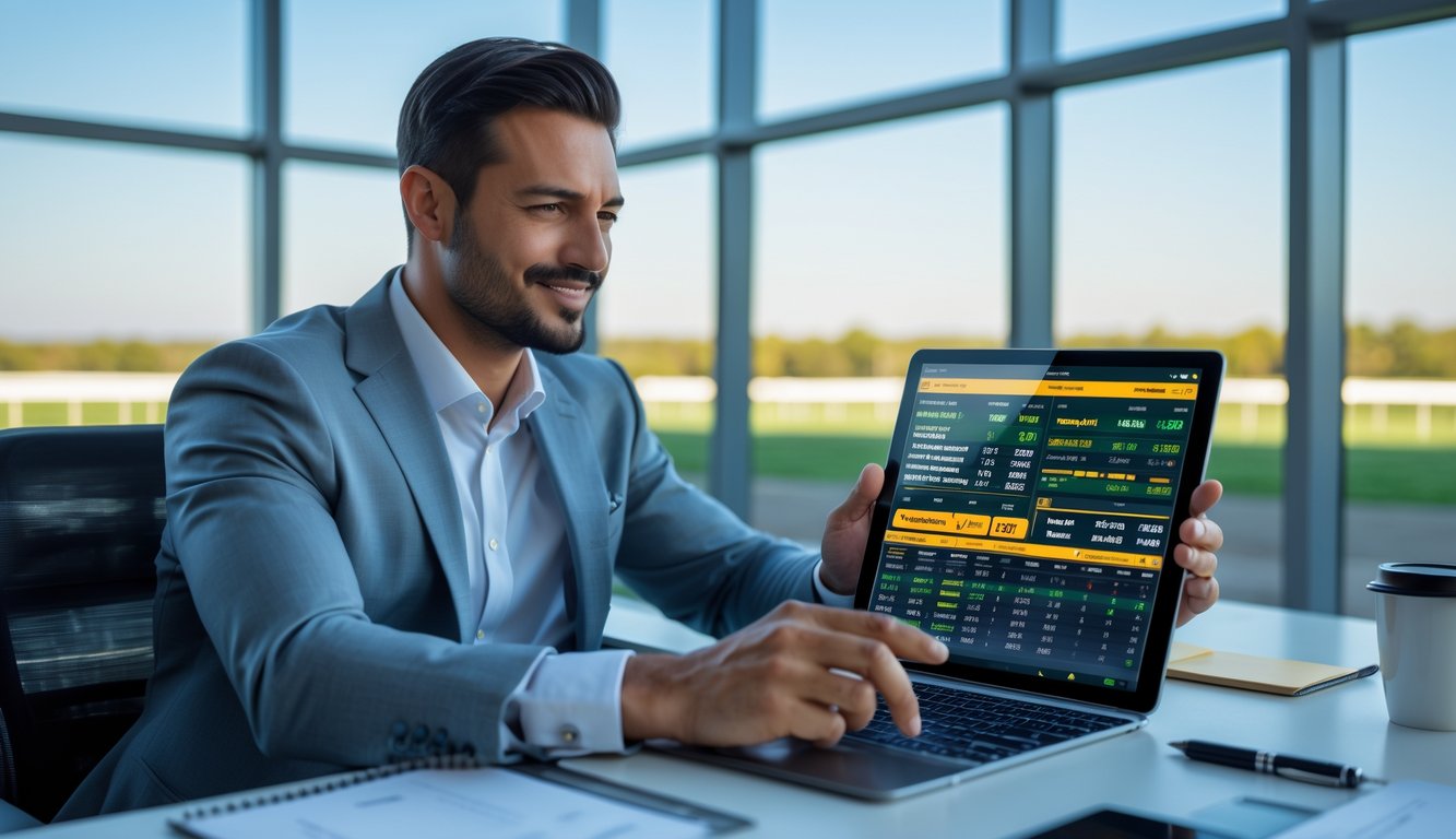 Seorang pria percaya diri sedang menganalisis data pacuan kuda menggunakan tablet di kantor modern dengan latar belakang lintasan pacuan kuda.