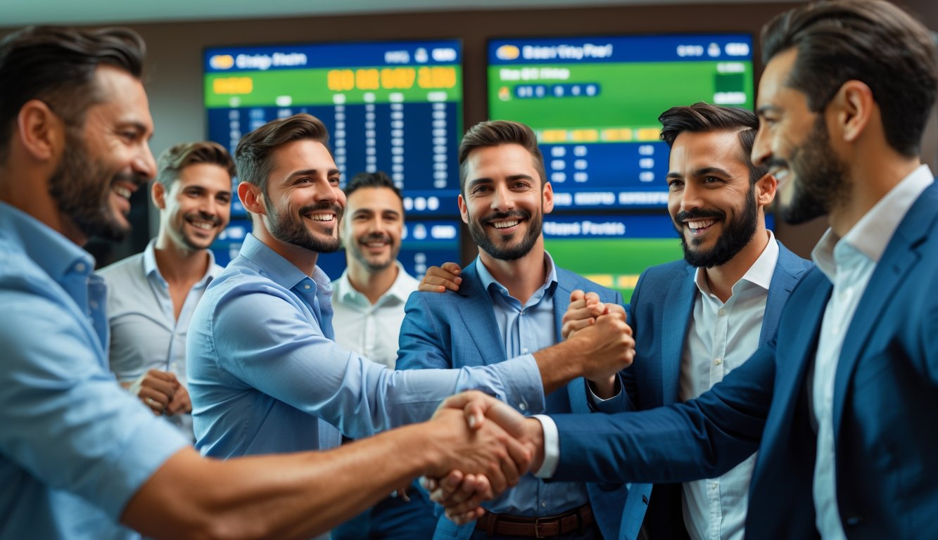 Sekelompok pria sedang merayakan kemenangan taruhan pacuan kuda di ruangan modern dengan layar digital di latar belakang.