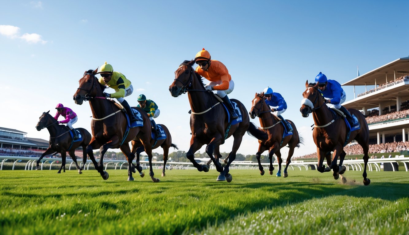 Sekelompok kuda pacuan berlari kencang di lintasan dengan joki mengenakan pakaian warna-warni, di depan tribun penonton yang ramai.