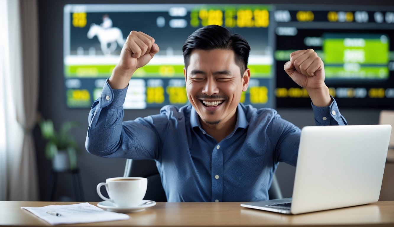 Seorang pria Asia Tenggara yang percaya diri dan bahagia merayakan kemenangan besar dalam taruhan pacuan kuda di depan laptop di sebuah meja kerja.