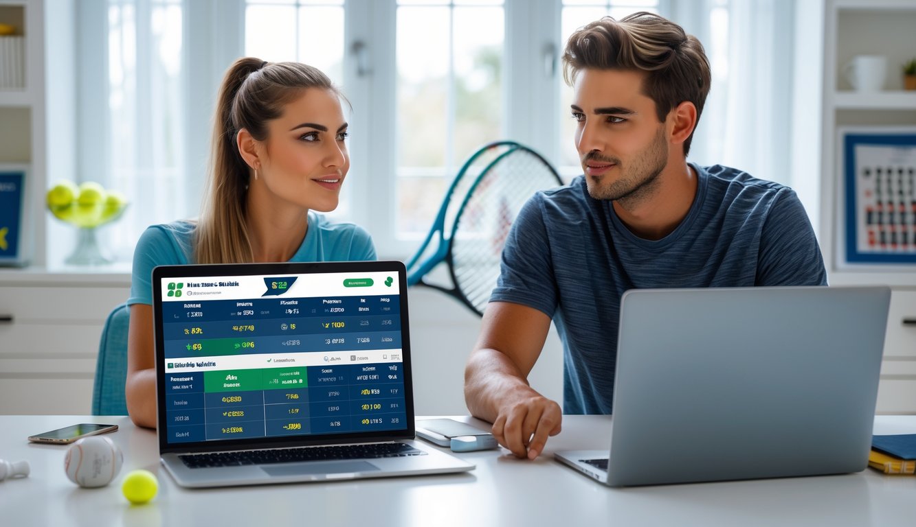 Dua orang muda duduk di meja dengan perangkat digital yang menampilkan statistik tenis, terlihat fokus dan berdiskusi.