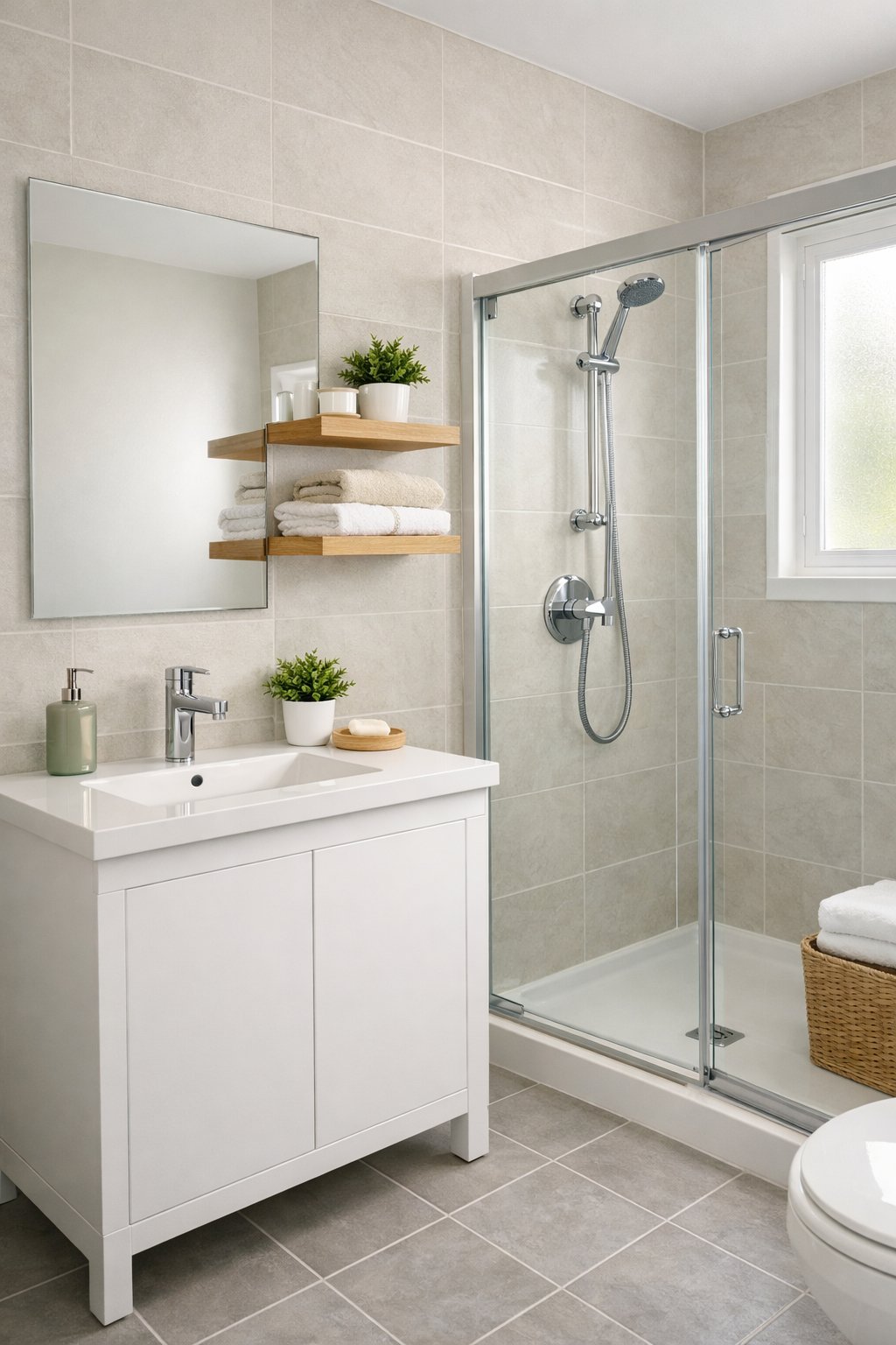 25 Bathroom Remodel Ideas On A Budget: 5 Smart, Affordable Updates 2 A bright bathroom with a white vanity, open wooden shelves, a frameless mirror, a glass shower, and natural light coming through a frosted window.