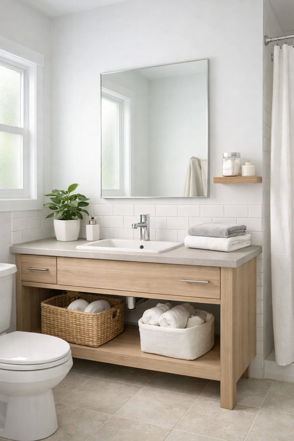 25 Bathroom Remodel Ideas On A Budget: 5 Smart, Affordable Updates 3 A clean and simple bathroom with a white vanity, mirror, tiled walls, and natural light coming through a window.