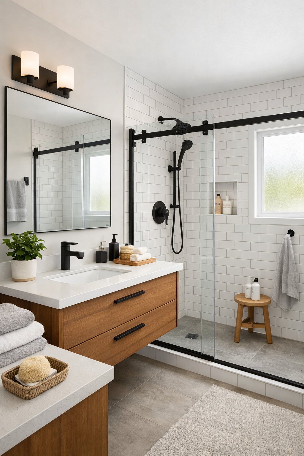 25 Bathroom Remodel Ideas On A Budget: 5 Smart, Affordable Updates 4 A clean and bright master bathroom with a floating vanity, walk-in shower, and natural light coming through a window.