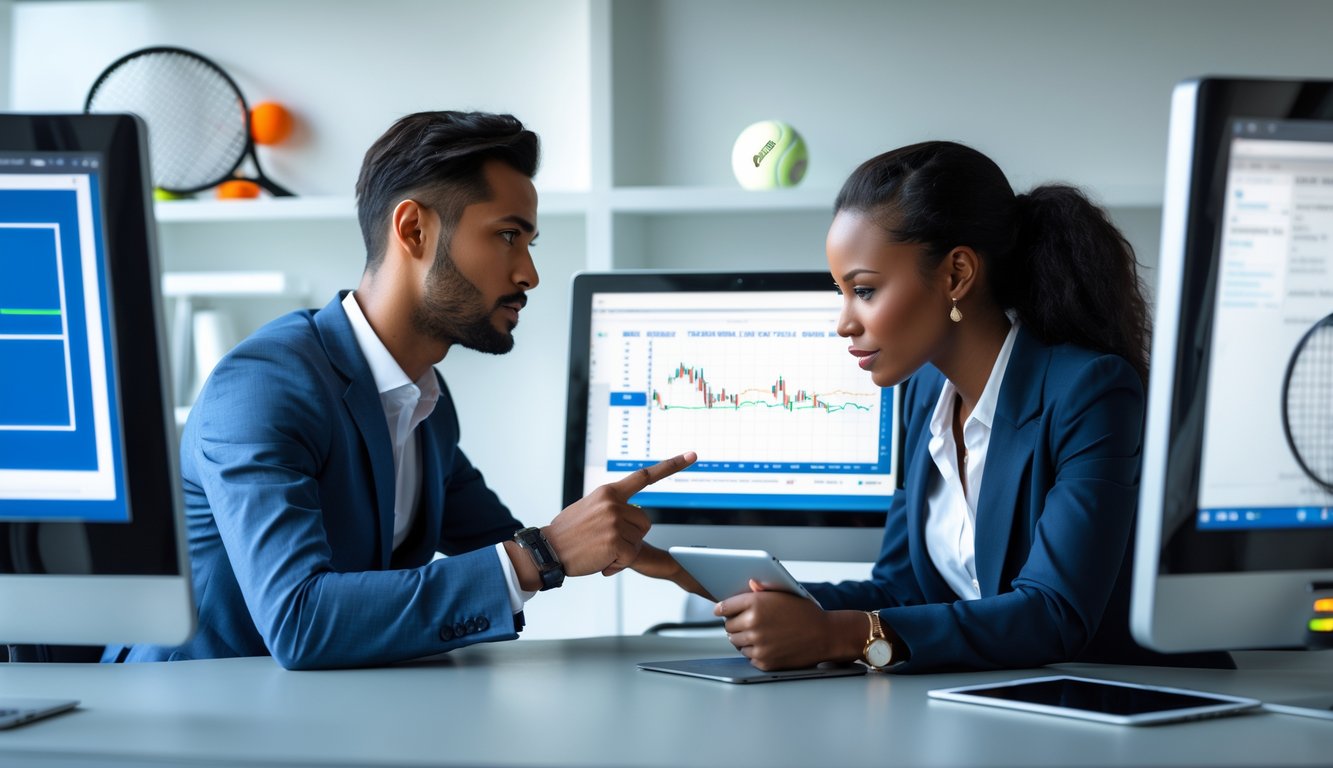Seorang pria dan wanita sedang menganalisis statistik pertandingan tenis di depan beberapa layar komputer di kantor modern.