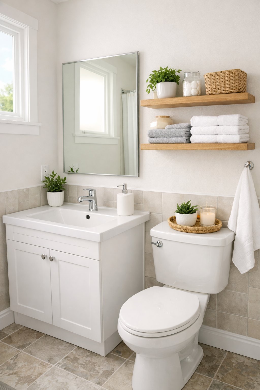 25 Bathroom Remodel Ideas On A Budget: 5 Smart, Affordable Updates 5 A small, clean bathroom with a white sink, mirror, shelves with towels and plants, and natural light coming through a window.