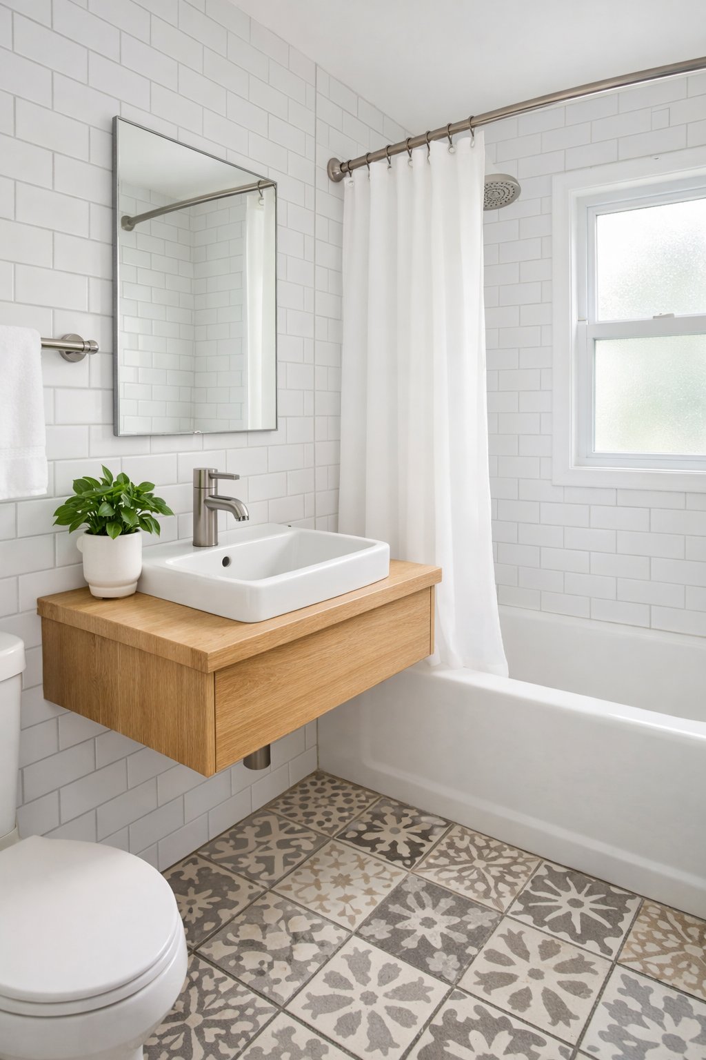 25 Bathroom Remodel Ideas On A Budget: 5 Smart, Affordable Updates 6 A bright bathroom with white tiles, a wooden vanity, a mirror, a small plant, patterned floor tiles, and a bathtub with a shower curtain.
