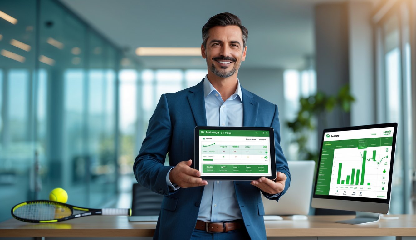 Seorang pria bisnis berdiri di kantor modern memegang tablet dengan tampilan taruhan tenis digital, di latar belakang terdapat raket tenis dan bola di atas meja.