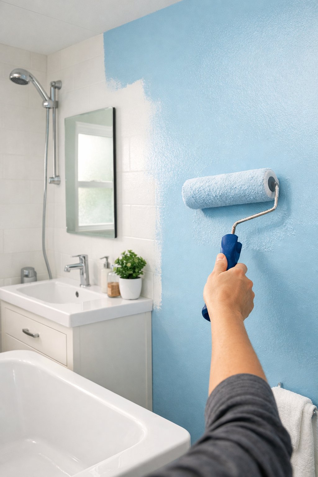 25 Bathroom Remodel Ideas On A Budget: 5 Smart, Affordable Updates 7 Person painting a bathroom wall with a roller, refreshing the space with new waterproof paint.