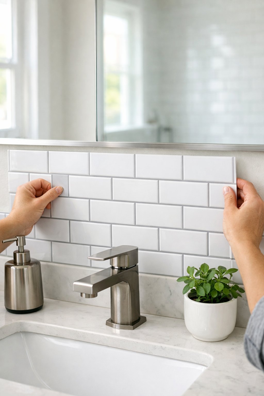 25 Bathroom Remodel Ideas On A Budget: 5 Smart, Affordable Updates 8 Person installing peel-and-stick backsplash tiles behind a bathroom sink in a bright bathroom.