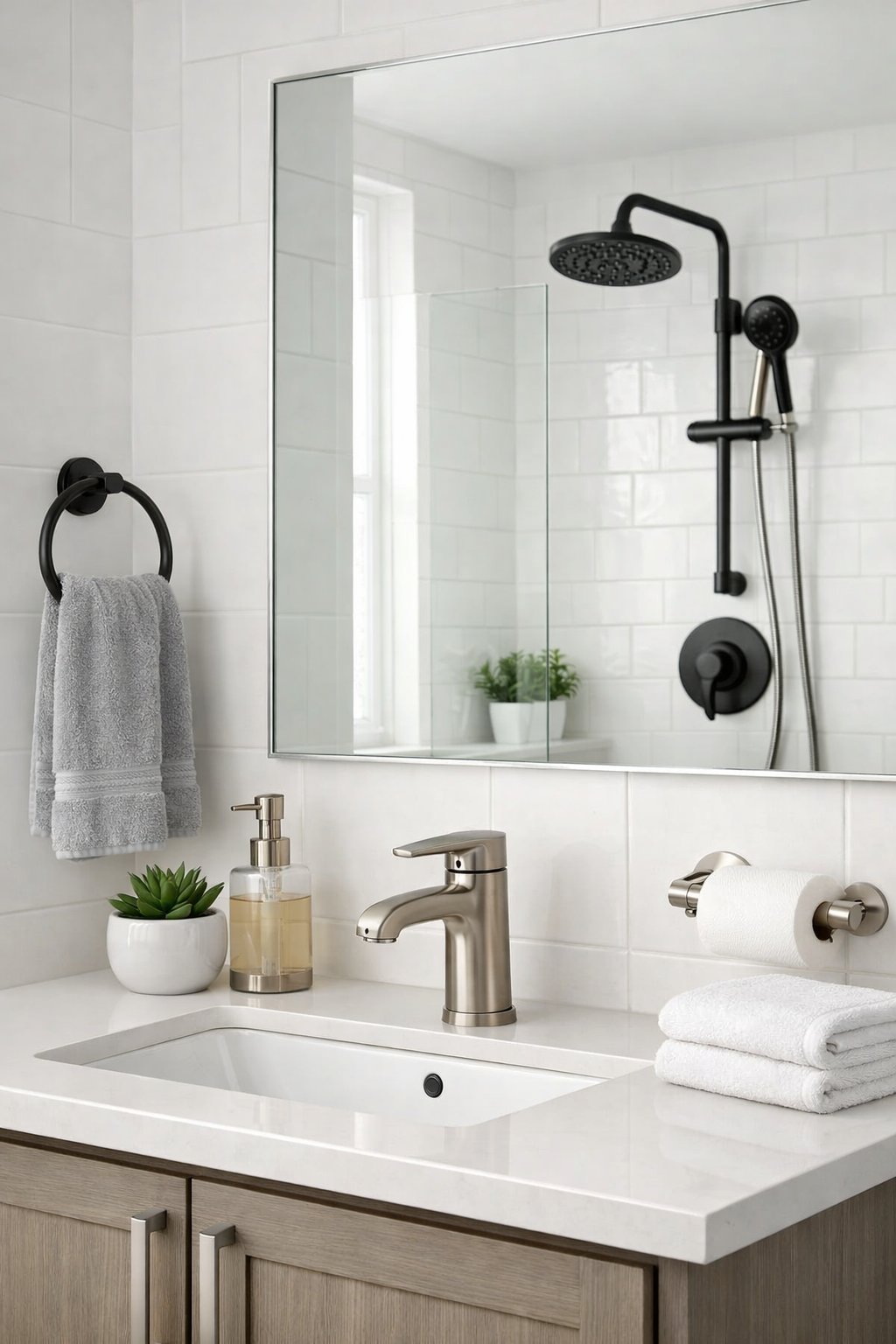 25 Bathroom Remodel Ideas On A Budget: 5 Smart, Affordable Updates 9 A modern bathroom vanity with brushed nickel and matte black fixtures, including a faucet and towel holder, with white tiles and a mirror.