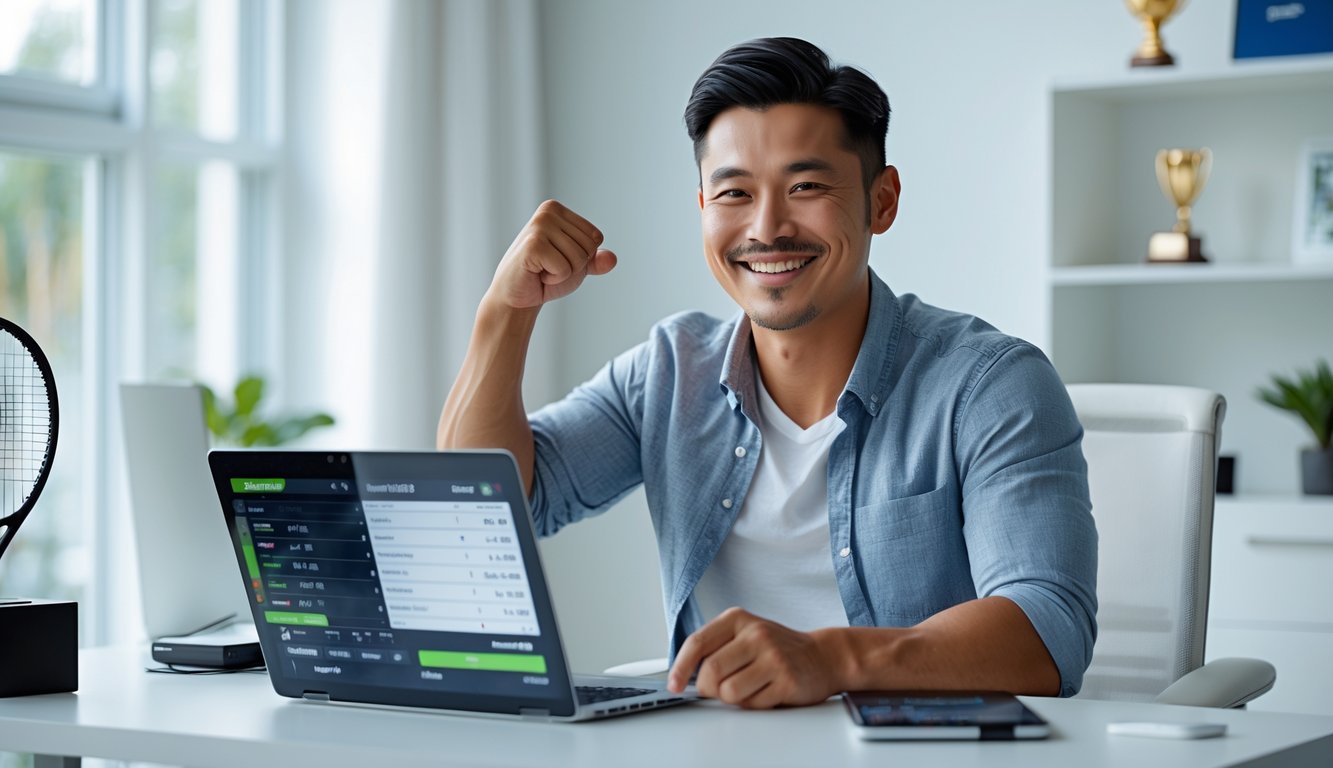 Seorang pria tersenyum duduk di depan laptop dengan latar belakang rak berisi raket tenis dan trofi.