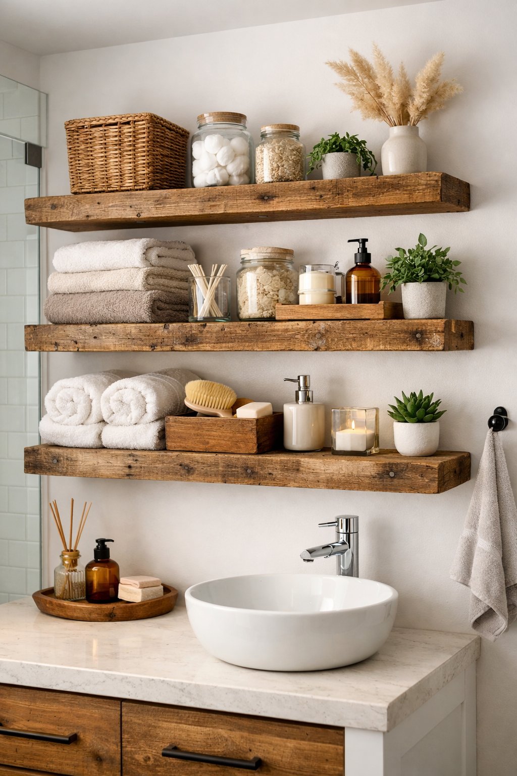 25 Bathroom Remodel Ideas On A Budget: 5 Smart, Affordable Updates 10 A bathroom with open wooden shelves holding towels, jars, and plants above a sink.