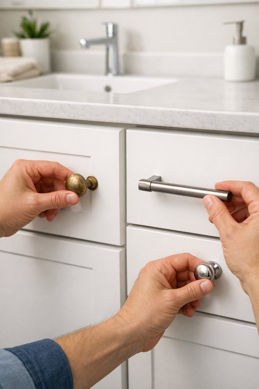 25 Bathroom Remodel Ideas On A Budget: 5 Smart, Affordable Updates 11 Person installing modern knobs and pulls on bathroom cabinet drawers in a bright bathroom.
