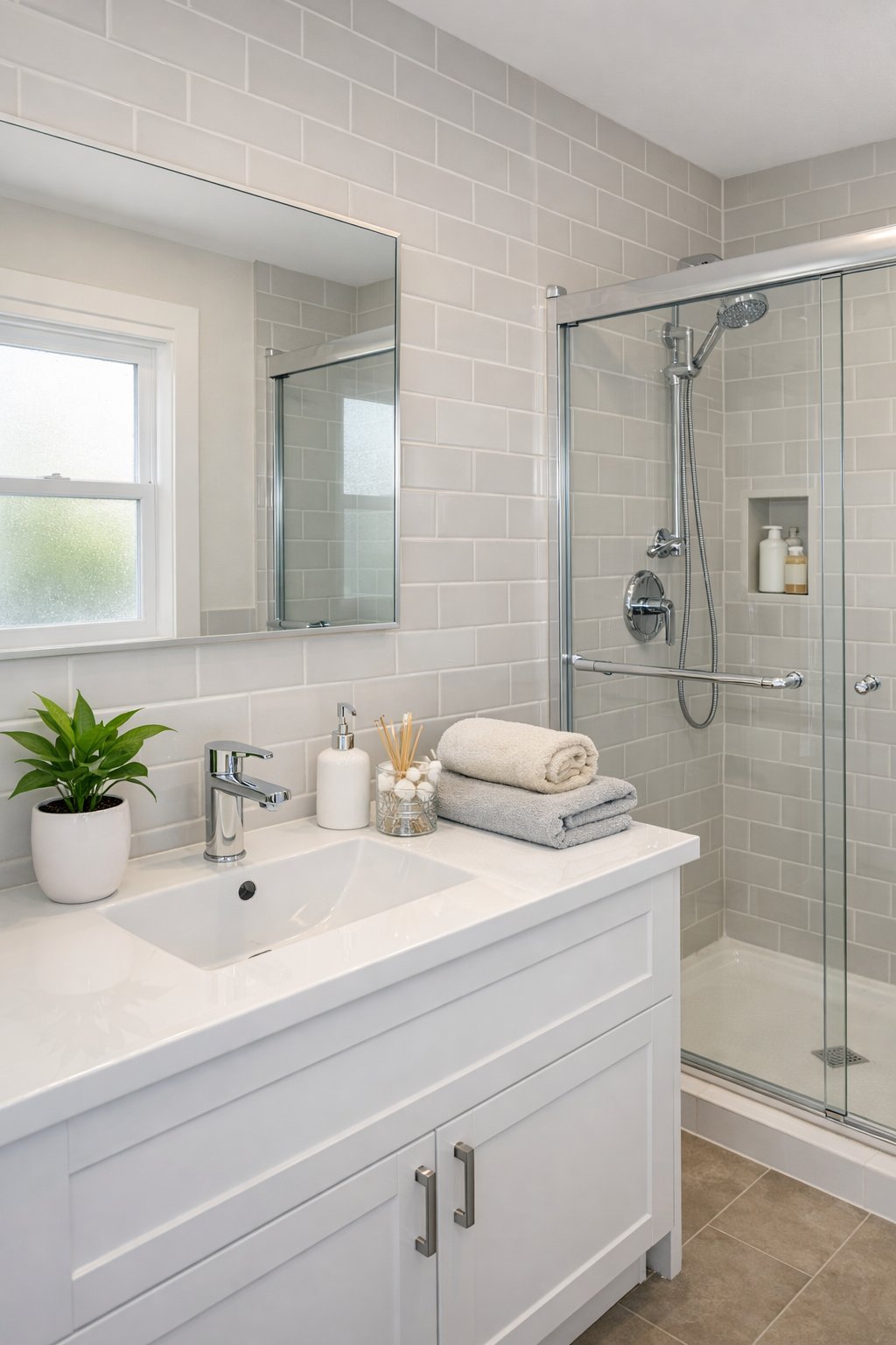 25 Bathroom Remodel Ideas On A Budget: 5 Smart, Affordable Updates 12 A modern bathroom with a white vanity, mirror, walk-in shower, and simple decor illuminated by natural light.