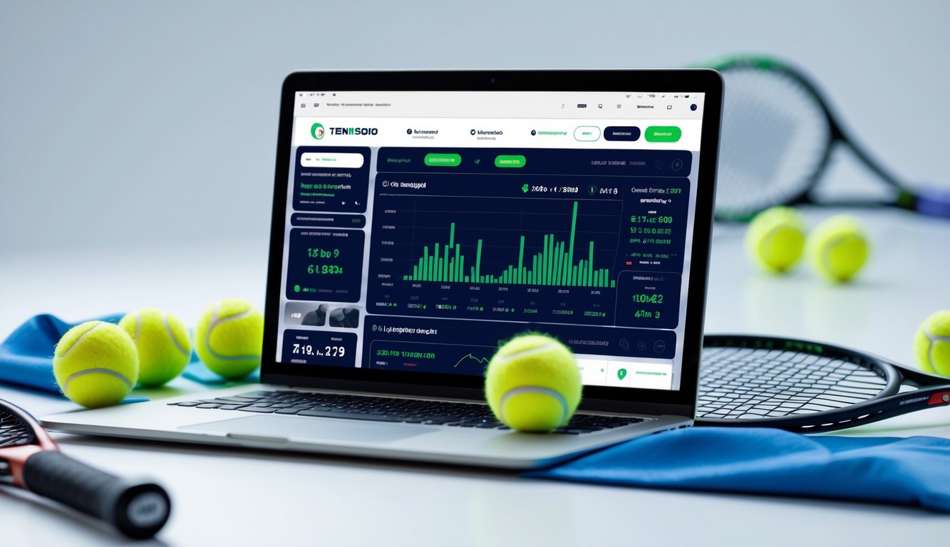 Seorang pria menggunakan laptop dengan layar menampilkan situs taruhan tenis, di meja terdapat raket dan bola tenis.