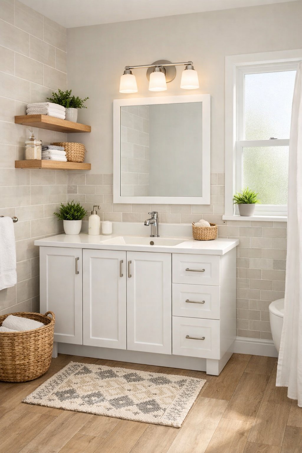 25 Bathroom Remodel Ideas On A Budget: 5 Smart, Affordable Updates 13 A modern bathroom with a white vanity, mirror, shelves with towels and plants, and natural light coming through a window.