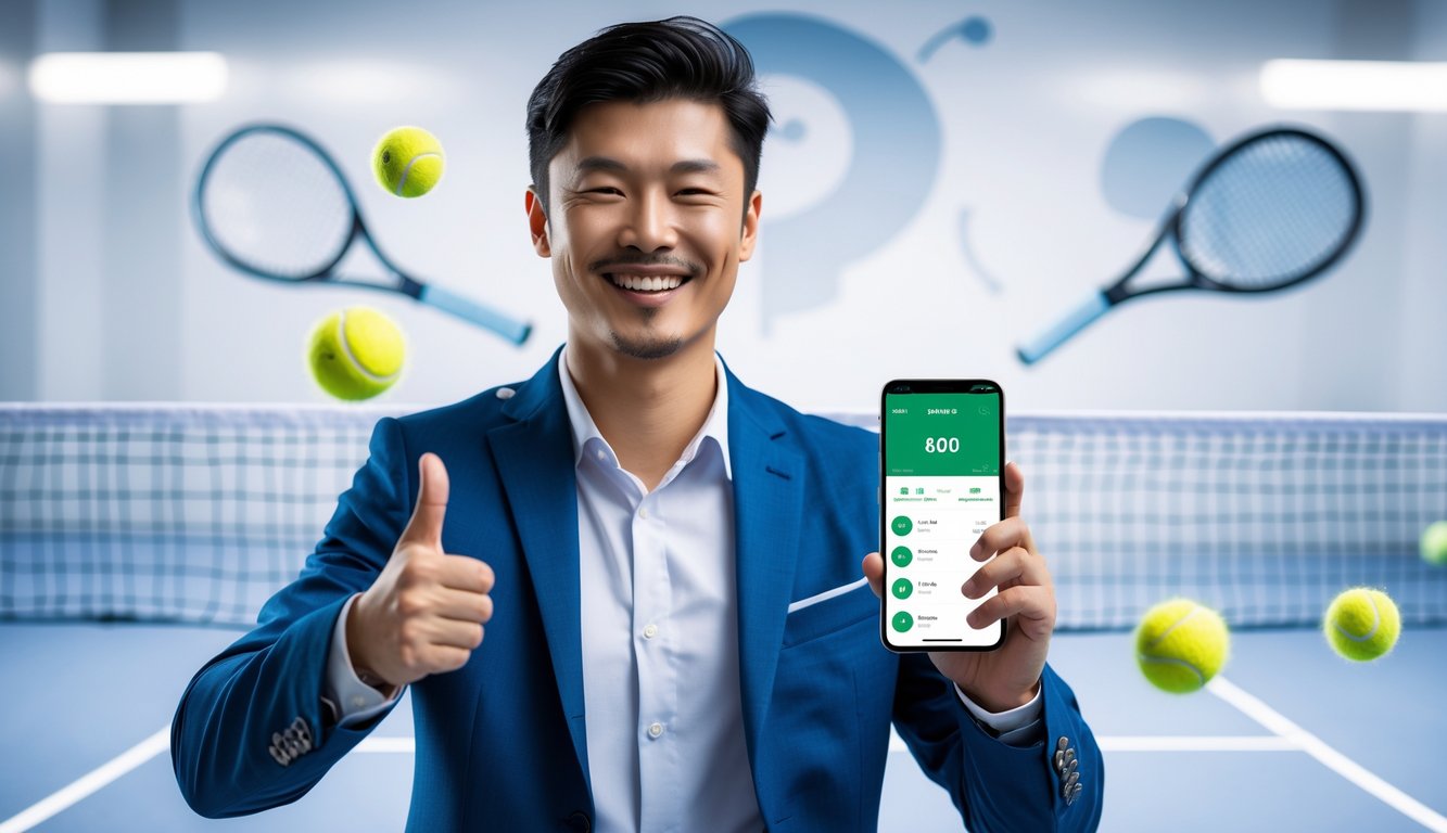 Seorang pria Asia yang percaya diri dan bahagia merayakan kemenangan taruhan tenis sambil memegang ponsel di latar belakang digital modern.