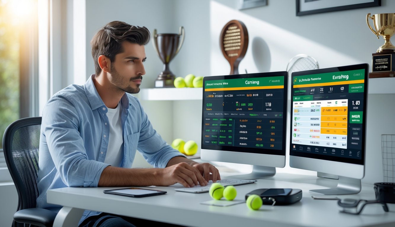 Seorang pria muda duduk di meja dengan beberapa layar menampilkan statistik dan skor pertandingan tenis, terlihat fokus dan serius sambil merencanakan taruhan tenis.