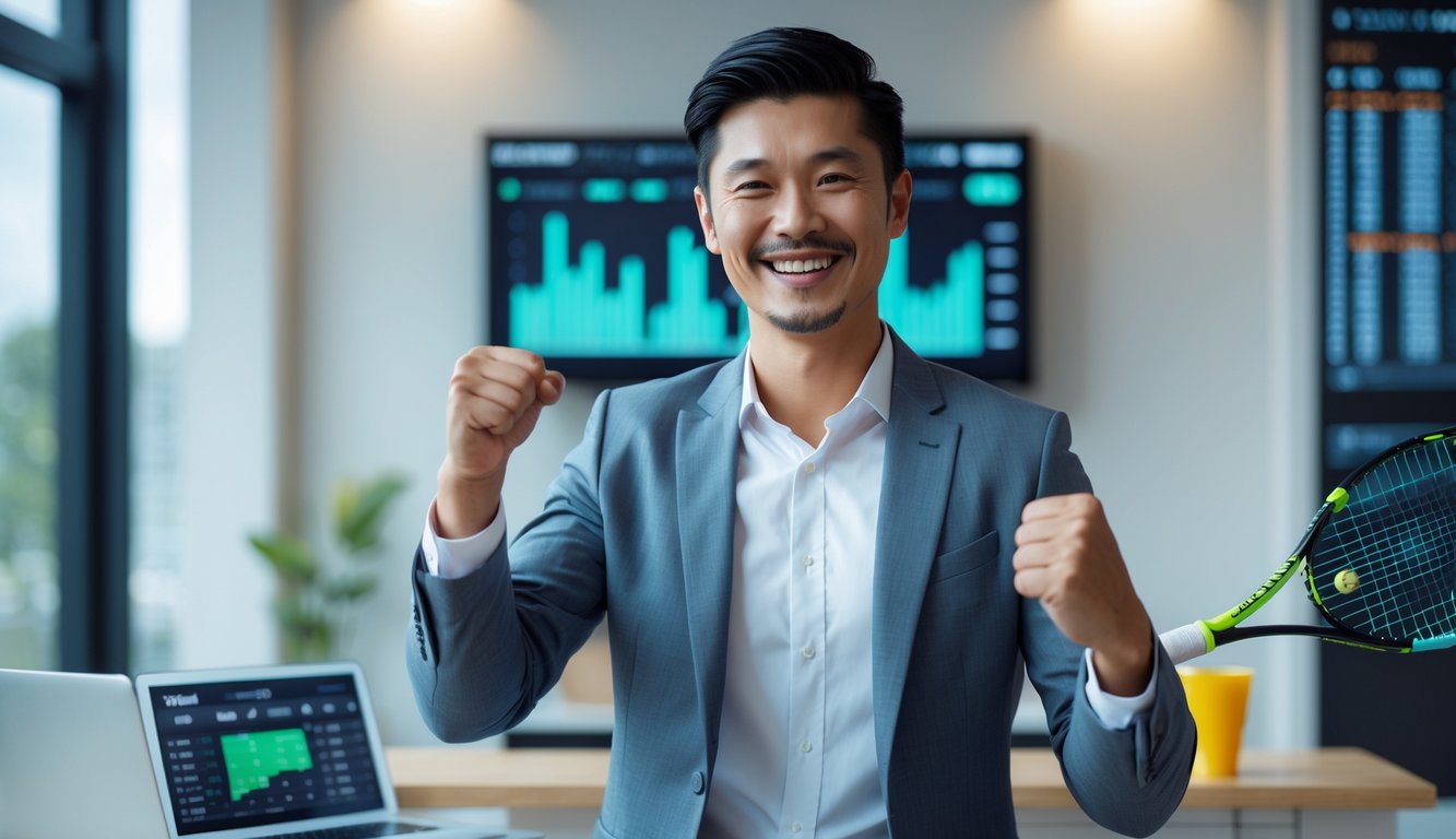 Seorang pria Asia Tenggara tersenyum dan mengangkat tangan dengan semangat di dalam ruangan modern, dengan laptop dan raket tenis di sekitarnya.